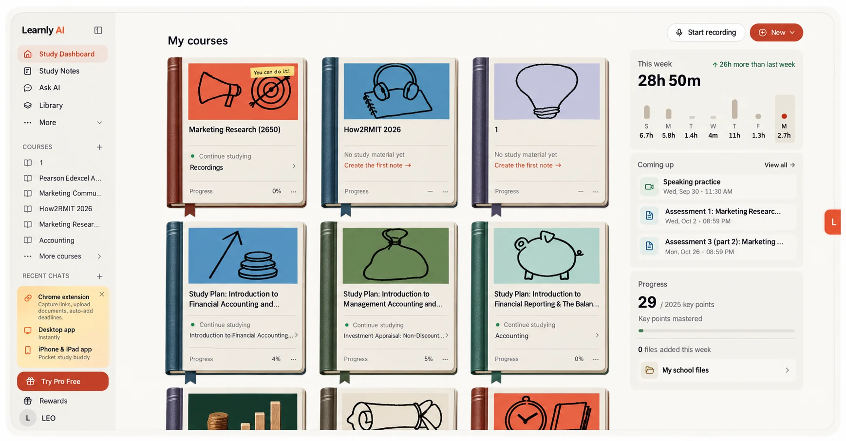LearnlyAI workspace, with courses and study tools